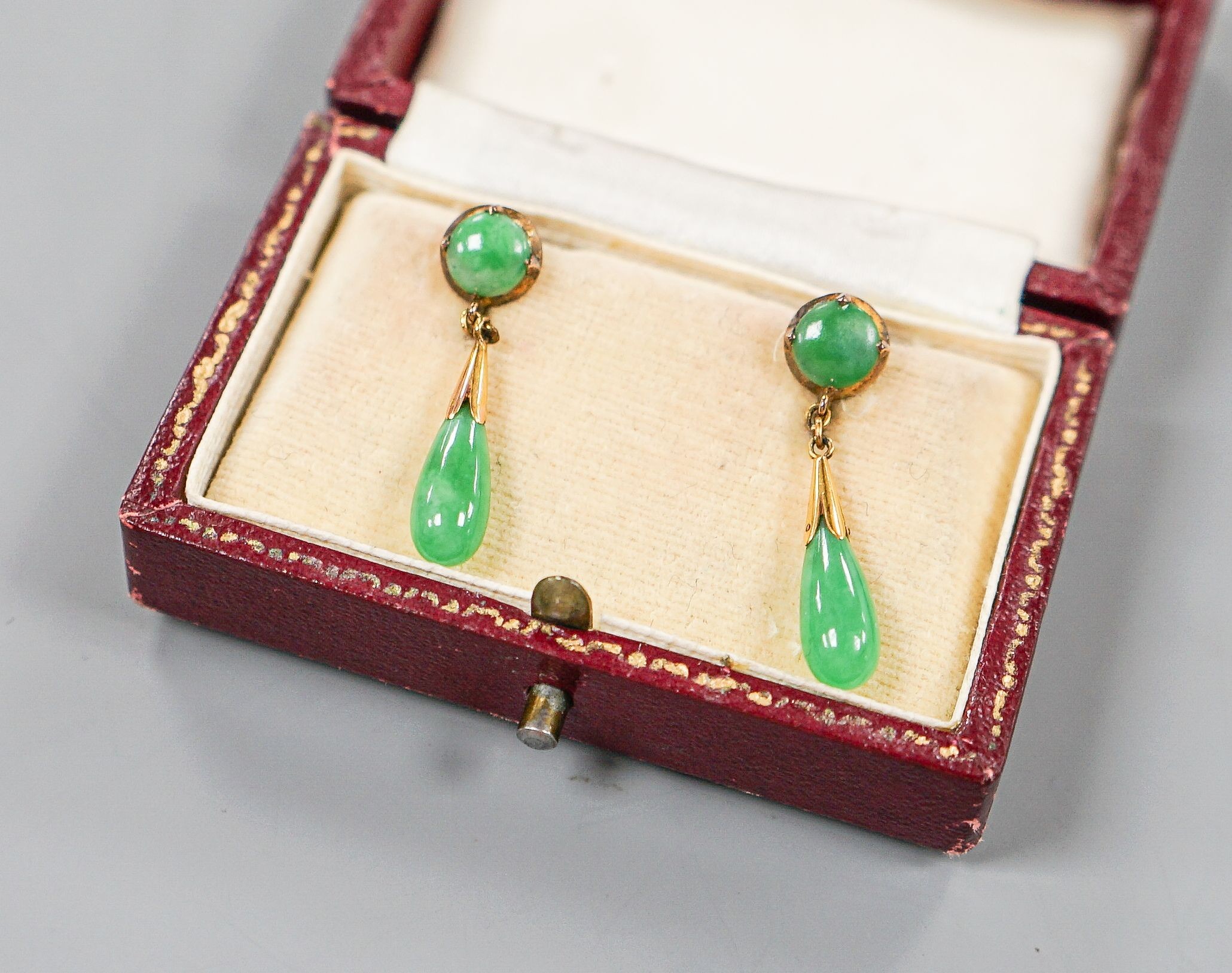 A pair of 20th century 14k and cabochon jade set drop earrings, 30mm, gross weight 3.1 grams.